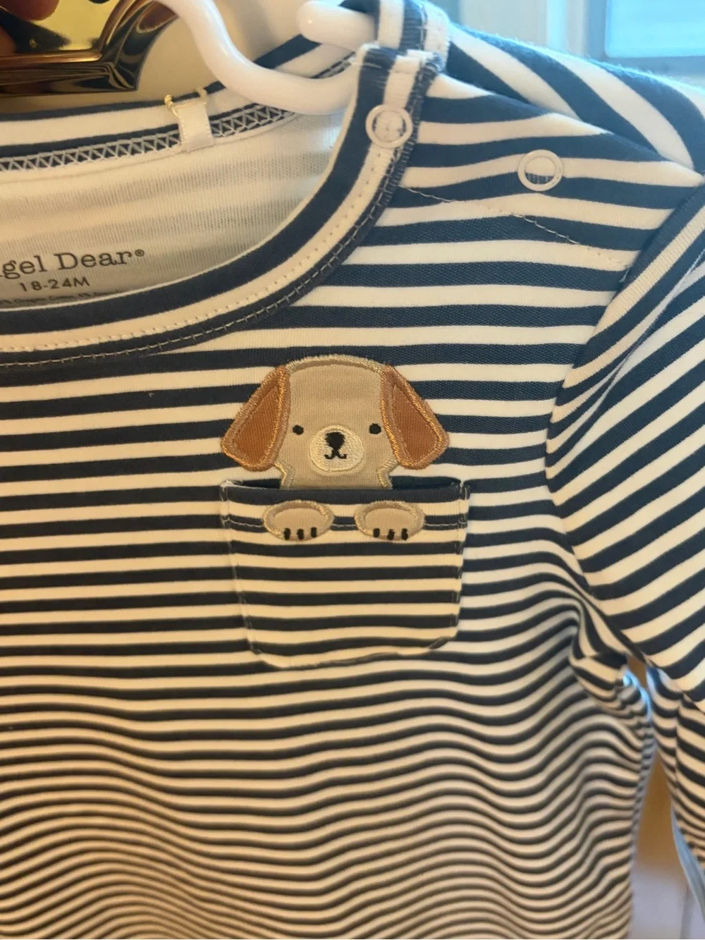 NWT Angel Dear Organic Cotton Stripe Puppy Appliqué Long Sleeve Romper 18-24M